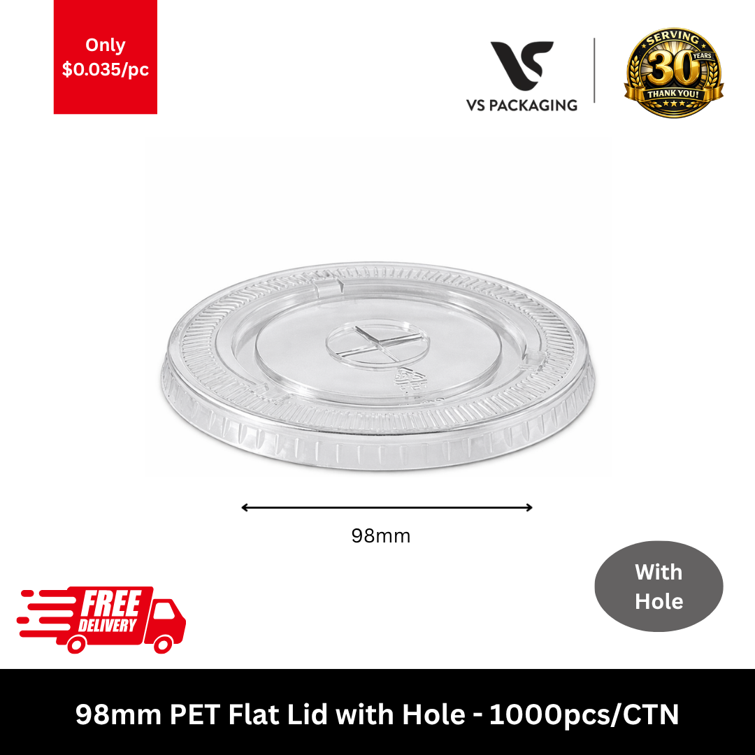 Clear 98mm PET flat lids for 14oz to 24oz cups used in takeaway drinks cafes Australia