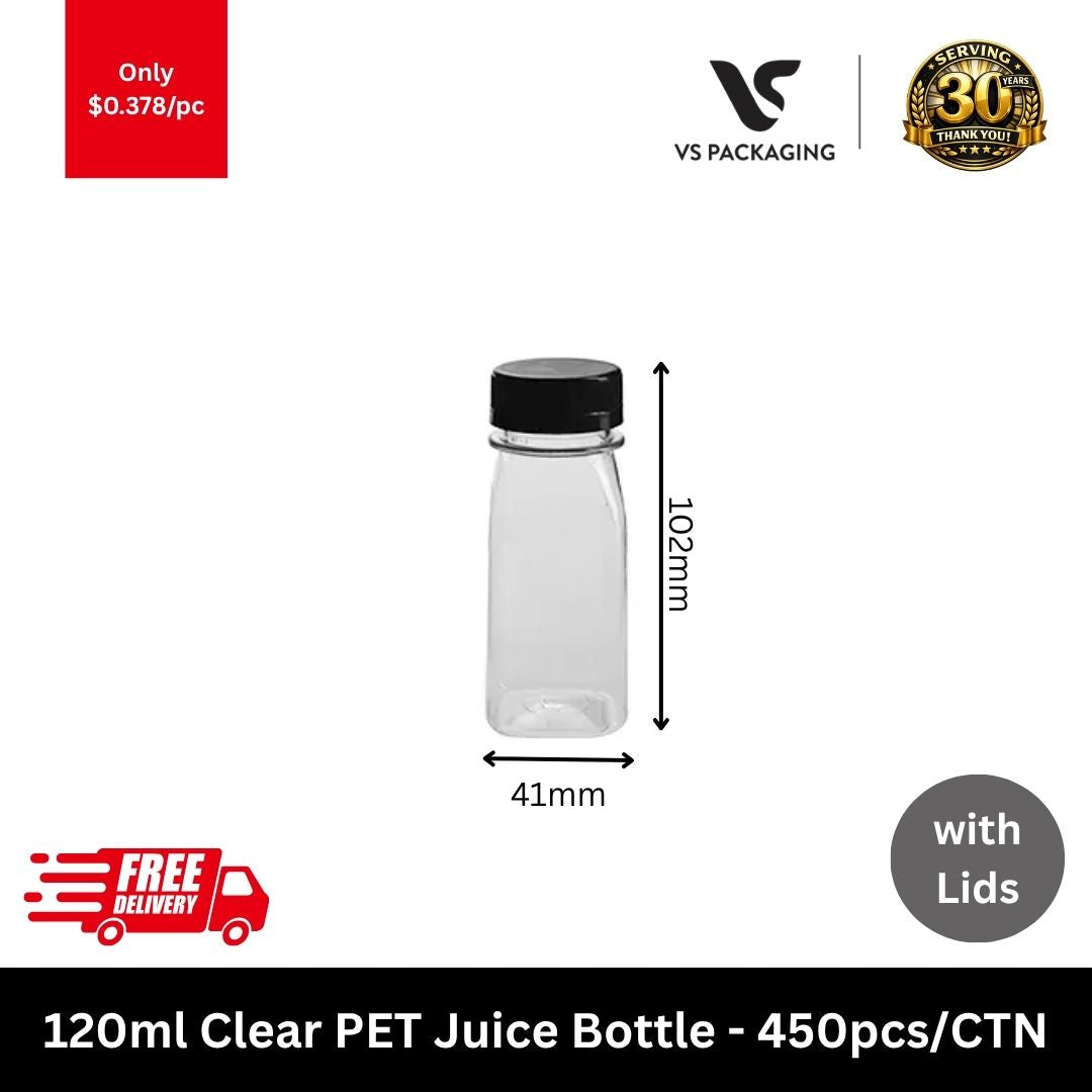 120ml clear PET juice bottle with black tamper evident lid for beverages and samples