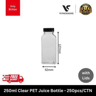 250ml clear PET juice bottle with black tamper evident lid for smoothies and beverages