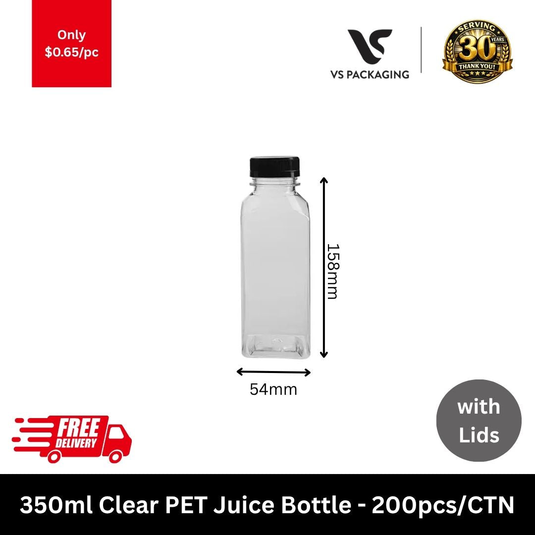 350ml clear PET juice bottle with black tamper evident lid for cold drinks and smoothies
