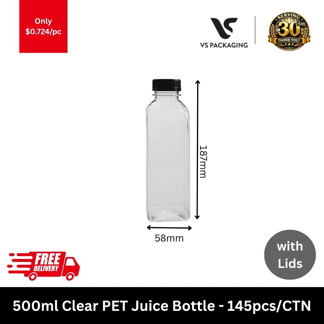 500ml clear PET juice bottle with black tamper evident lid for smoothies and cold beverages