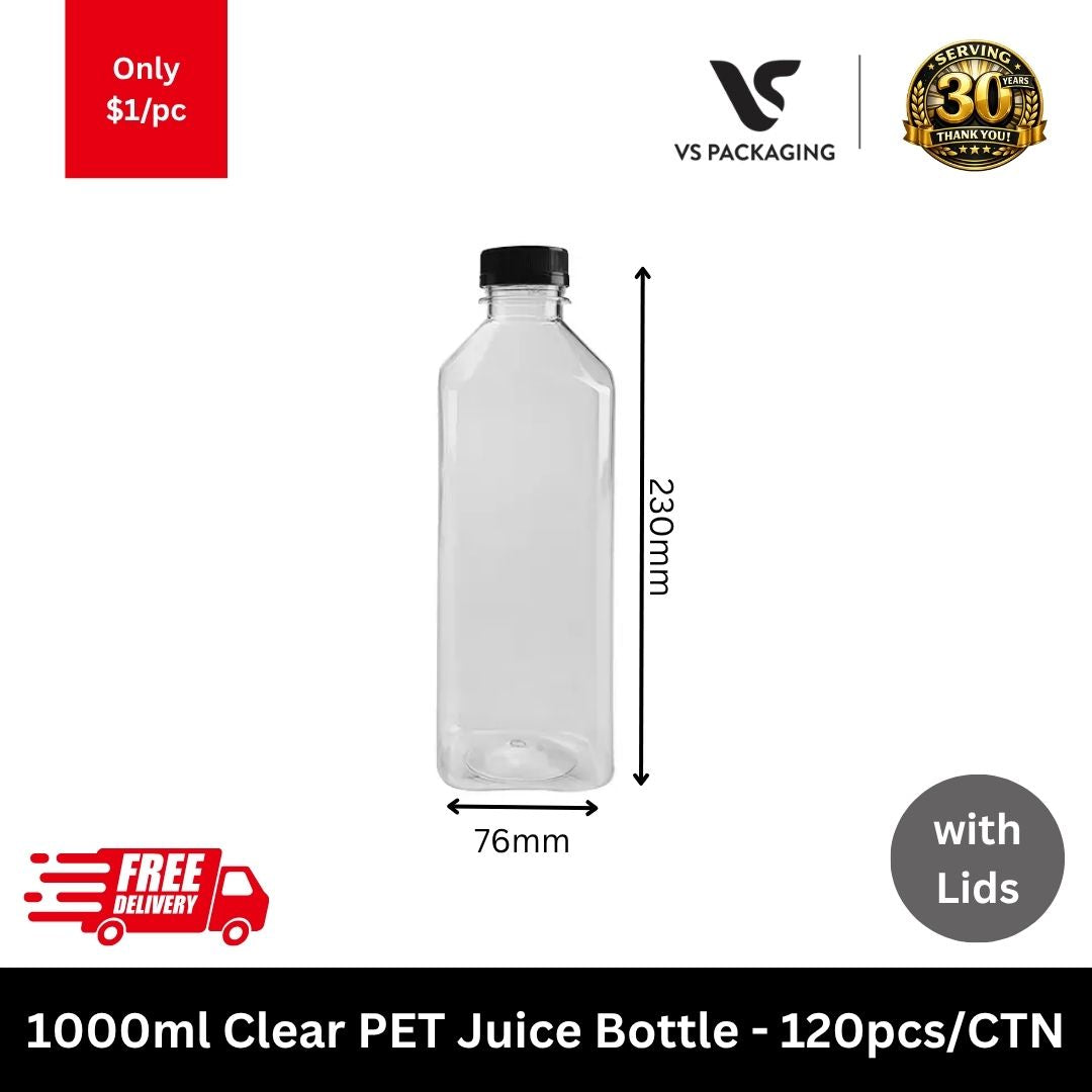 1000ml clear PET juice bottle with black tamper evident lid for beverages and bulk drinks