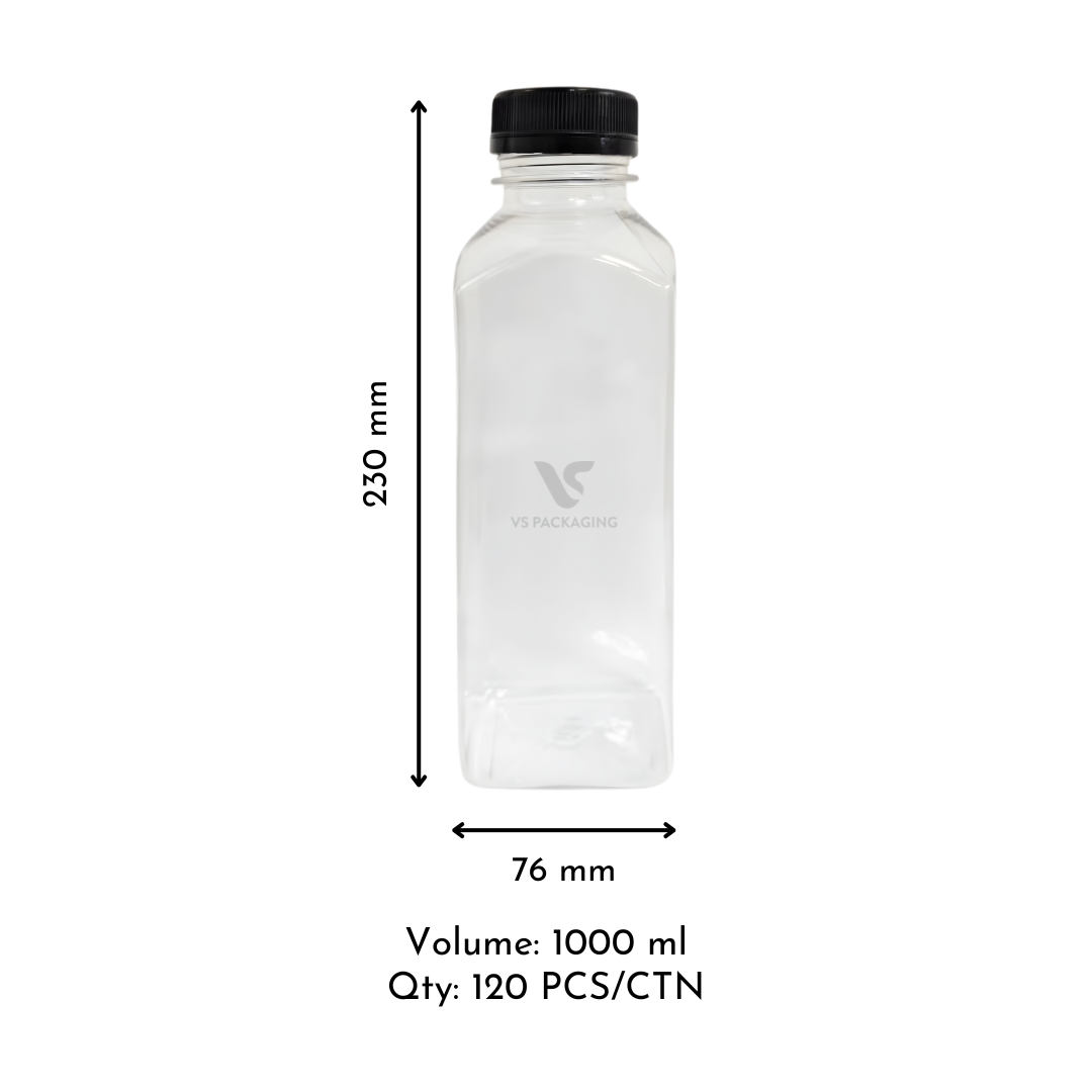 1000 ml PET Juice Bottle – clear food-grade plastic bottle with black tamper-evident lid, recyclable and leak-resistant, 120 per carton.