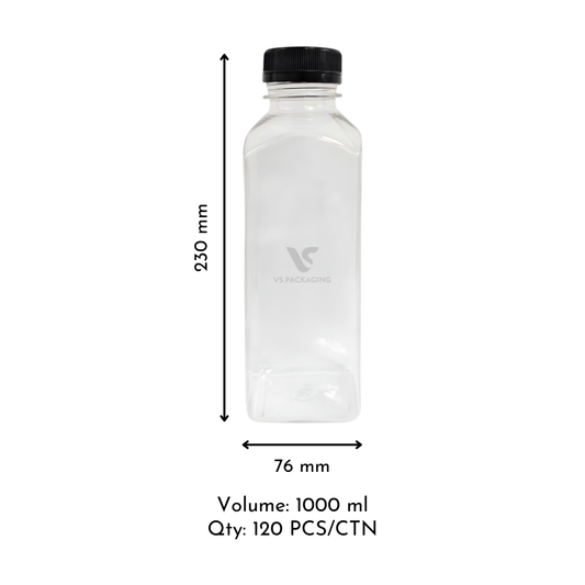 1000 ml PET Juice Bottle – clear food-grade plastic bottle with black tamper-evident lid, recyclable and leak-resistant, 120 per carton.