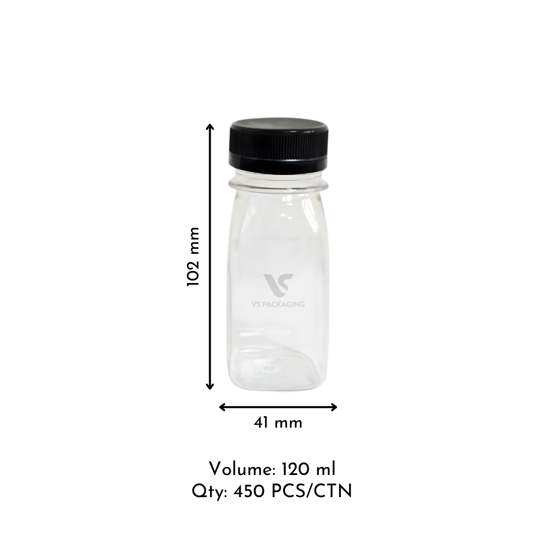 120 ml PET Juice Bottle – clear, tamper-evident plastic bottle with black lid, food-grade and recyclable, 450 per carton.