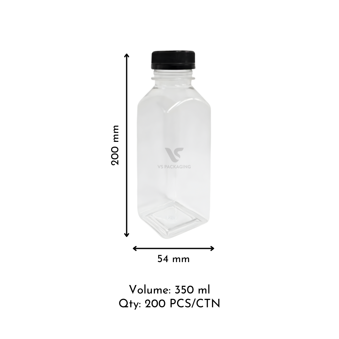 350 ml PET Juice Bottle – clear food-grade plastic bottle with black tamper-evident lid, recyclable and leak-resistant, 200 per carton.