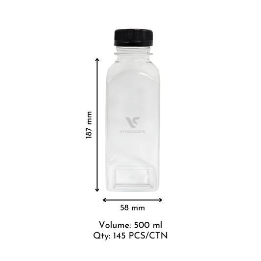 500 ml PET Juice Bottle – clear food-grade plastic bottle with black tamper-evident lid, recyclable and leak-resistant, 145 per carton.