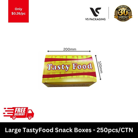 large yellow TastyFood snack boxes for takeaway meals burgers and hot cold food 250pcs carton