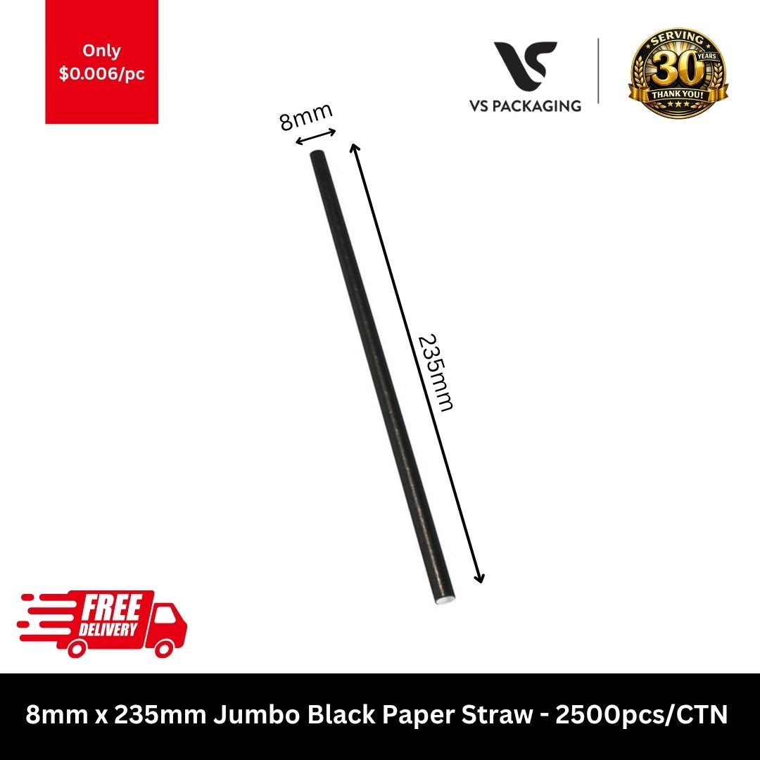 Jumbo black paper straws 8mm x 235mm eco-friendly thick shake straws bulk 2500pcs carton