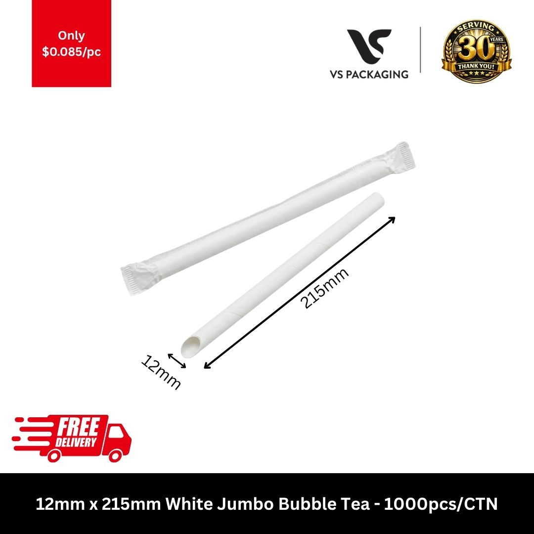 White jumbo bubble tea paper straws 12mm x 215mm individually wrapped sharp end eco-friendly bulk 1000pcs carton