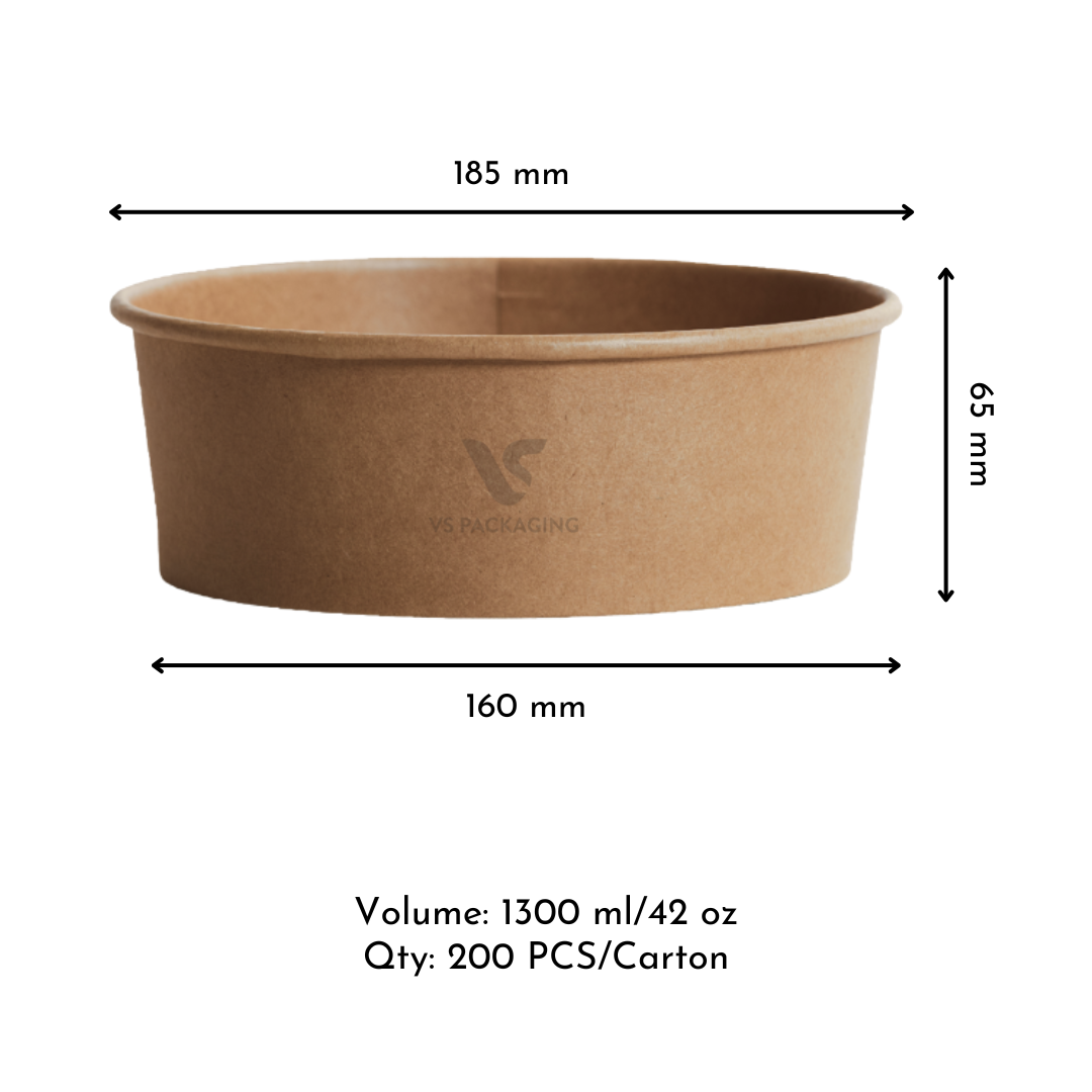 Pinnacle Kraft Salad Bowl 1300ml / 42oz – eco-friendly brown kraft paper bowl 185mm diameter, ideal for salads, noodles, or warm meals.