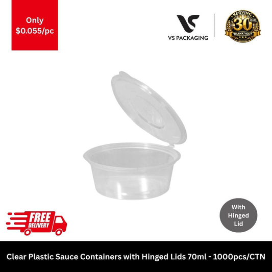 Clear plastic sauce container 70ml with hinged lid bulk 1000pcs portion cups takeaway packaging