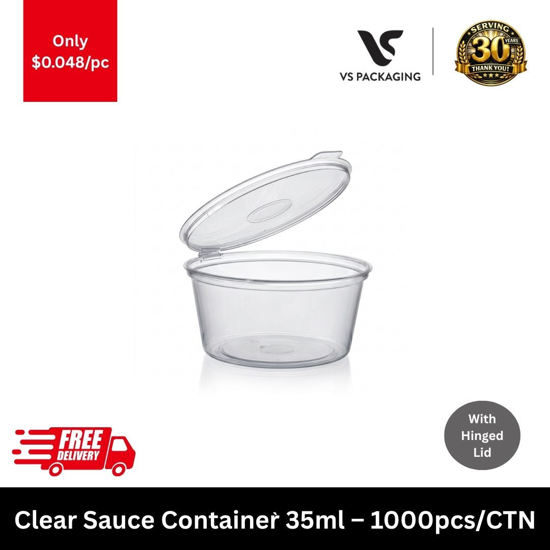Clear 1oz plastic sauce container with hinged lid 35ml small portion cup for takeaway condiments bulk