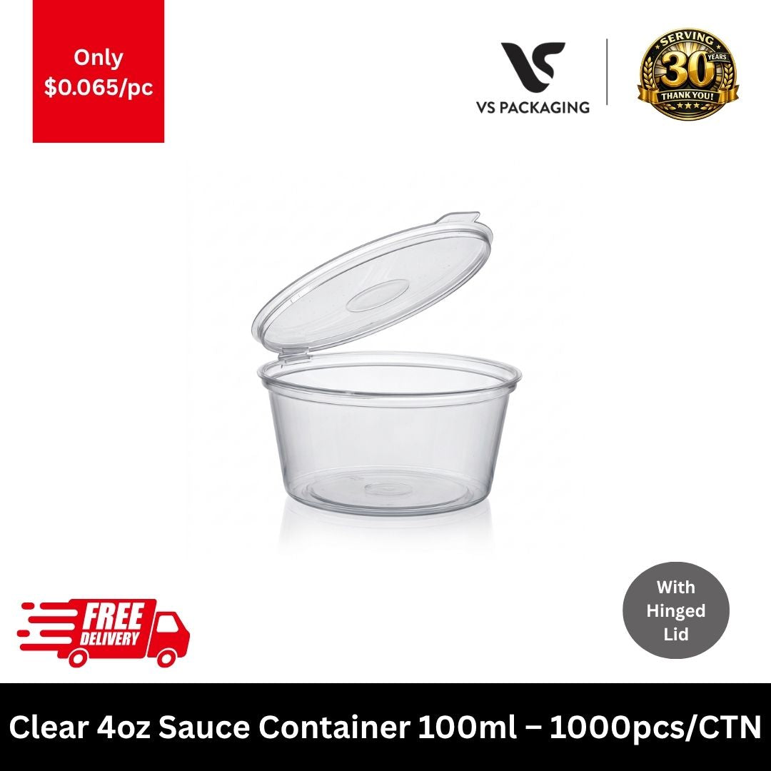 Clear 4oz 100ml plastic sauce container with hinged lid bulk portion cups for takeaway food packaging