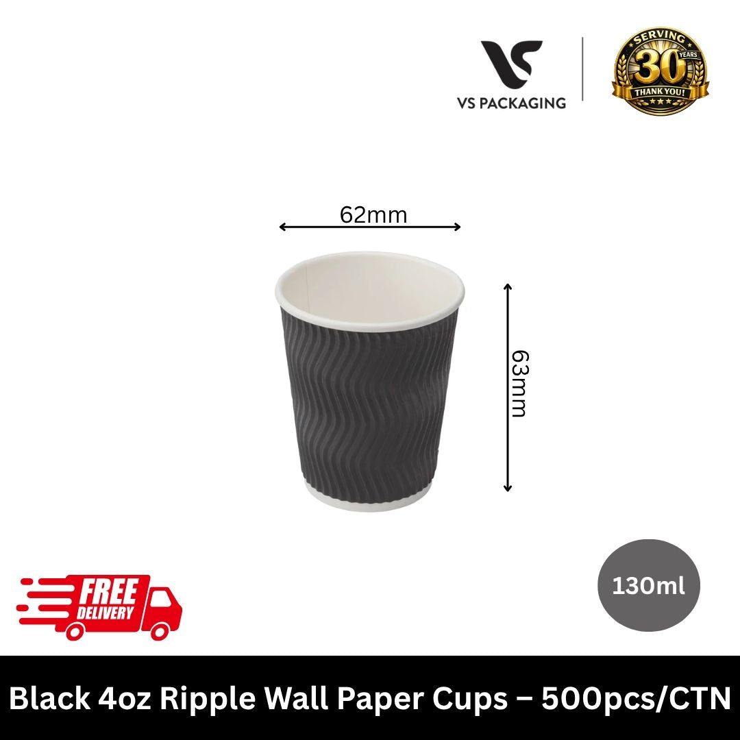 Black 4oz ripple wall coffee cups 62mm bulk espresso takeaway cups Australia