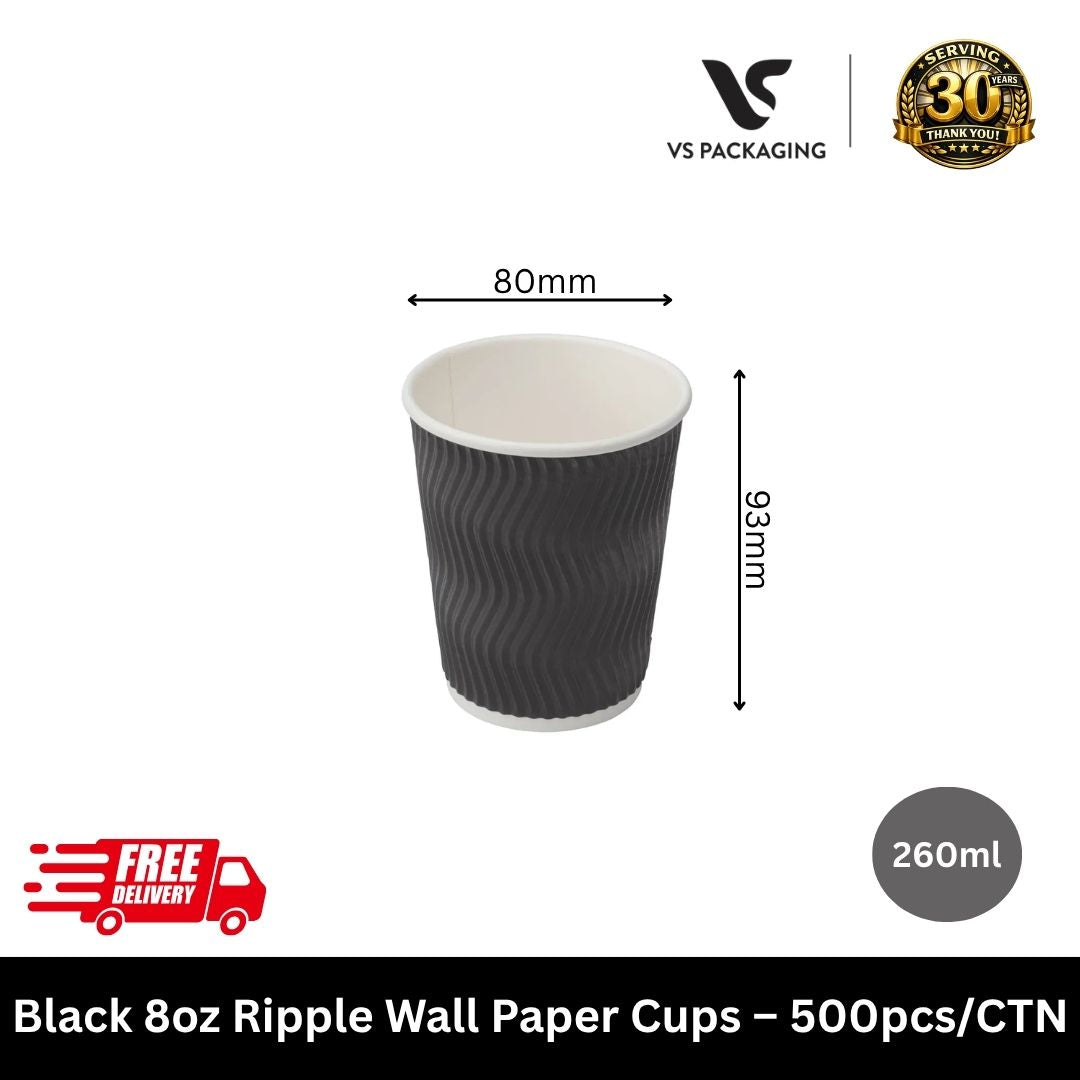 Black 8oz ripple wall coffee cups 80mm bulk insulated takeaway cups for cafes Australia