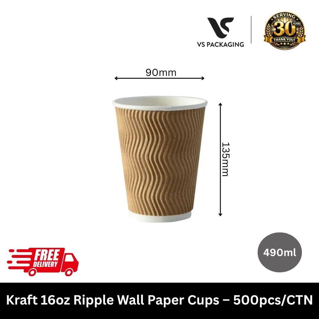 Kraft 16oz ripple wall coffee cups 90mm eco large insulated takeaway cups bulk for cafes Australia
