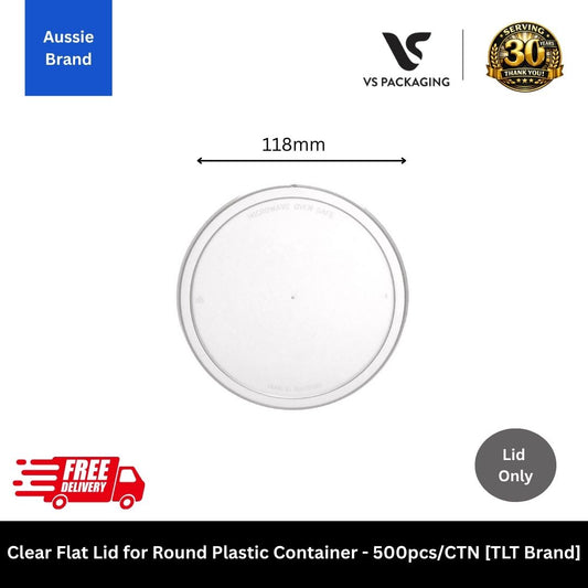 Clear flat lid for round plastic takeaway containers 7oz to 30oz Australian made food packaging