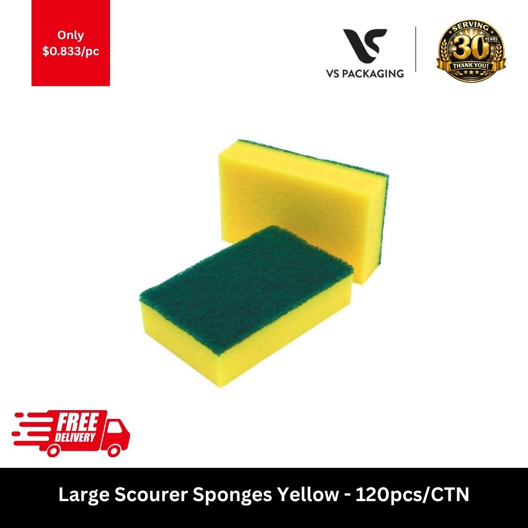 Large yellow scourer sponges bulk carton for commercial kitchen and heavy-duty cleaning use