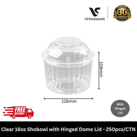 Clear 16oz PET shobowl with hinged dome lid takeaway container for salad dessert food packaging
