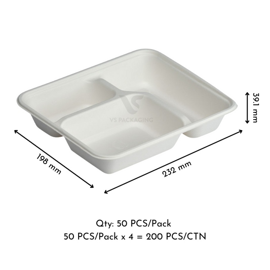 VS Packaging sugarcane 3 compartment bento tray – biodegradable disposable food container with separated sections