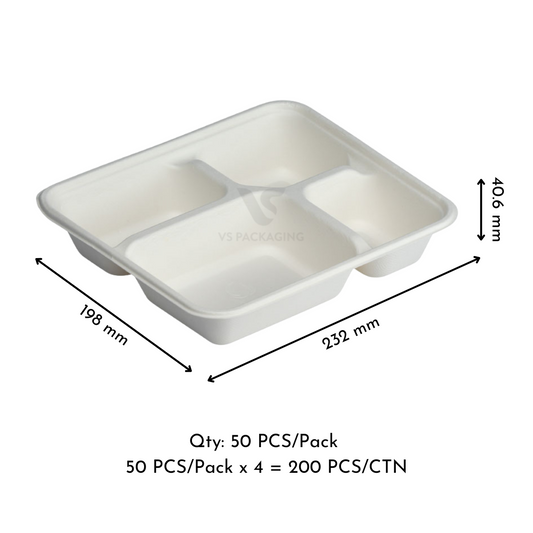 VS Packaging sugarcane 4 compartment bento tray – biodegradable eco-friendly disposable food container with multiple sections