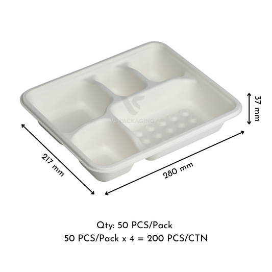 VS Packaging sugarcane 5 compartment bento tray – biodegradable eco-friendly disposable food container with multiple sections