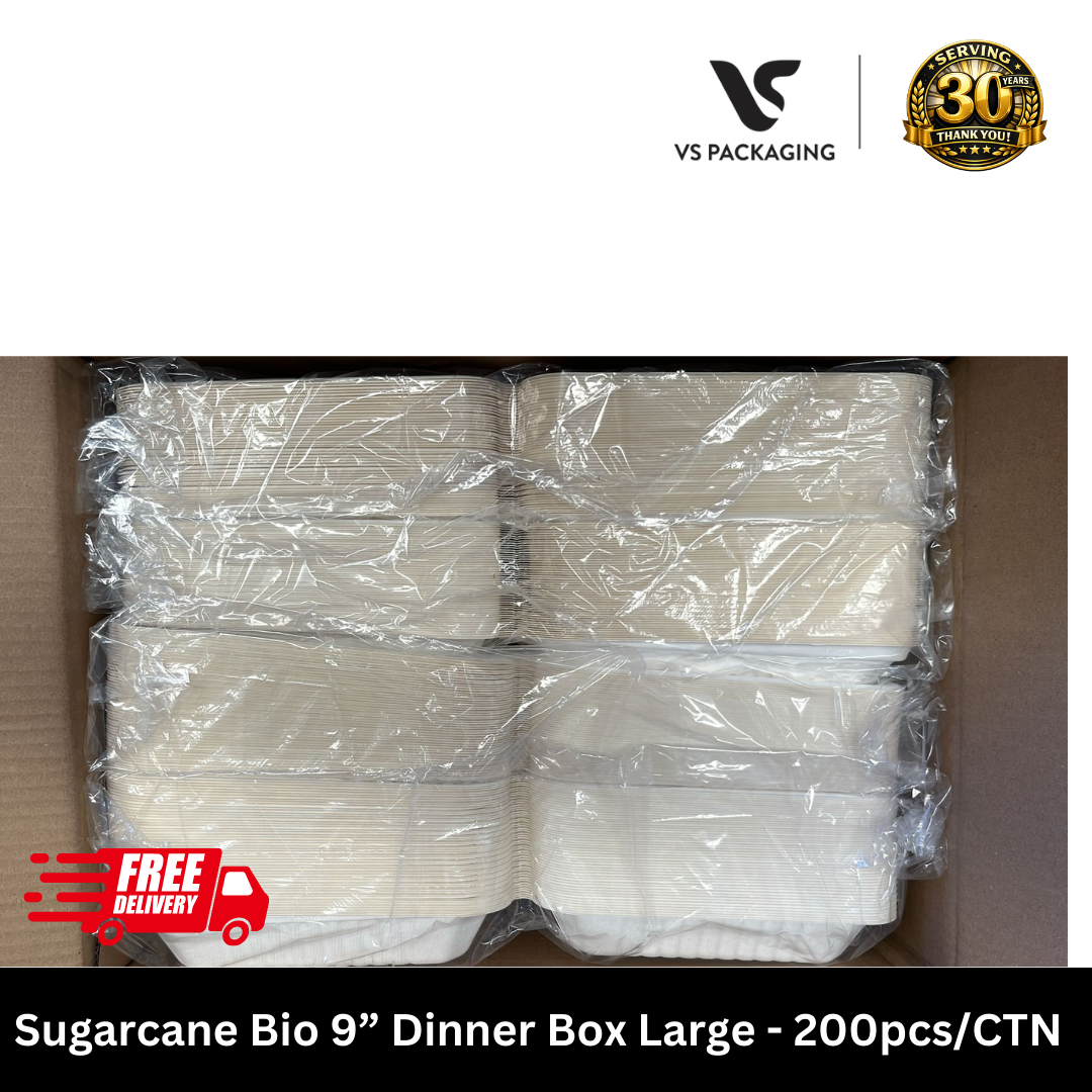 Sugarcane 9″ Dinner Box 1500ml – Large Compostable Clamshell (No Compartments) VS Packaging