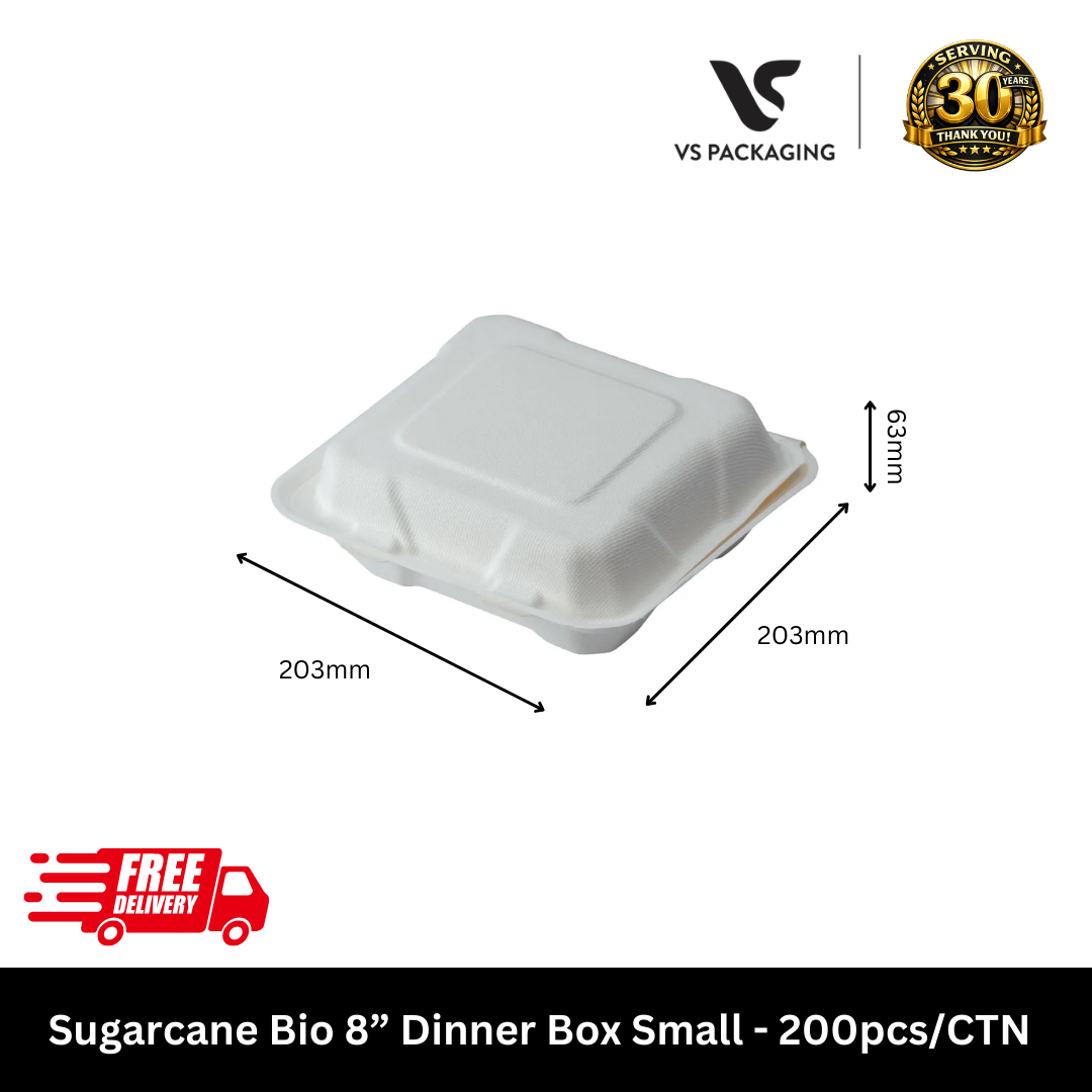 Eco-friendly PFAS-free 8 inch sugarcane bio dinner box clamshell for takeaway 200pcs - VS Packaging Australia.