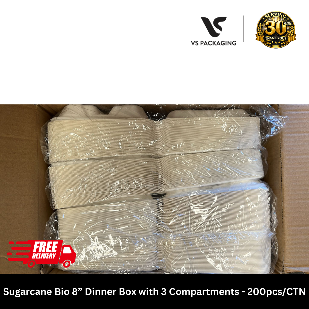 Sugarcane Bio 8” Dinner Box with 3 Compartments Small PFAS Free - 200pcs/CTN VS Packaging