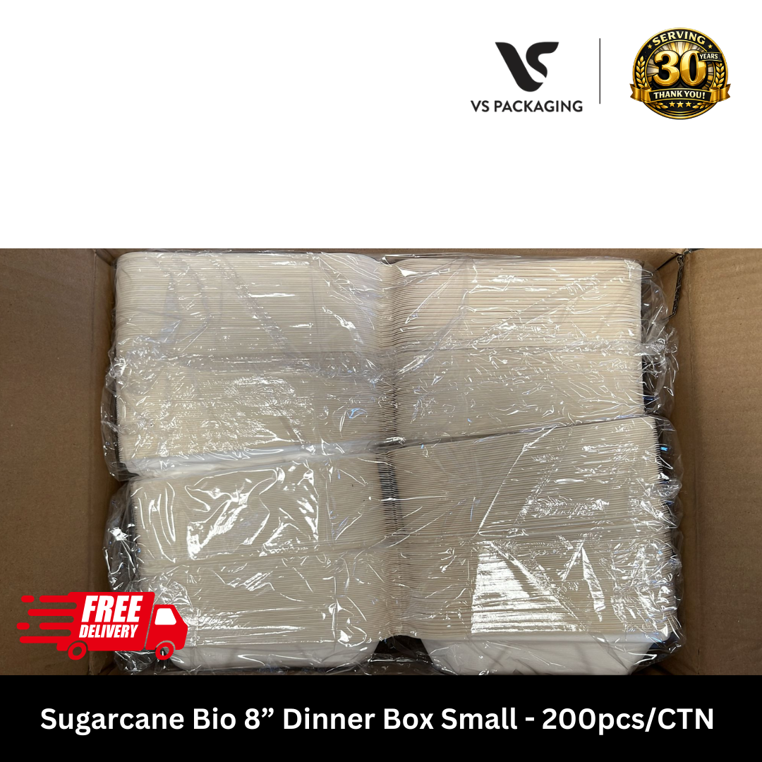 Sugarcane Bio 8” Dinner Box Small PFAS Free - 200pcs/CTN VS Packaging