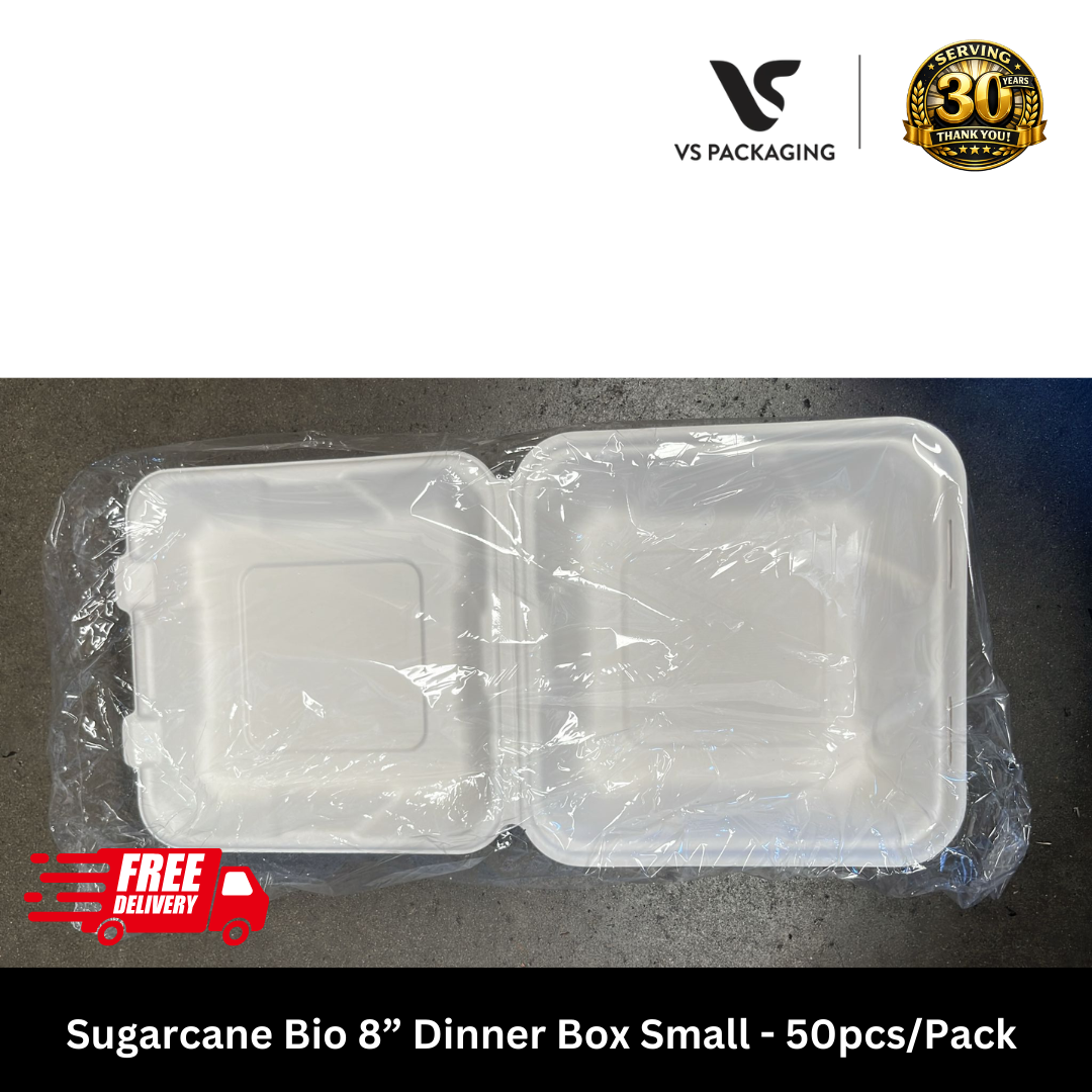 Sugarcane Bio 8” Dinner Box Small PFAS Free - 200pcs/CTN VS Packaging