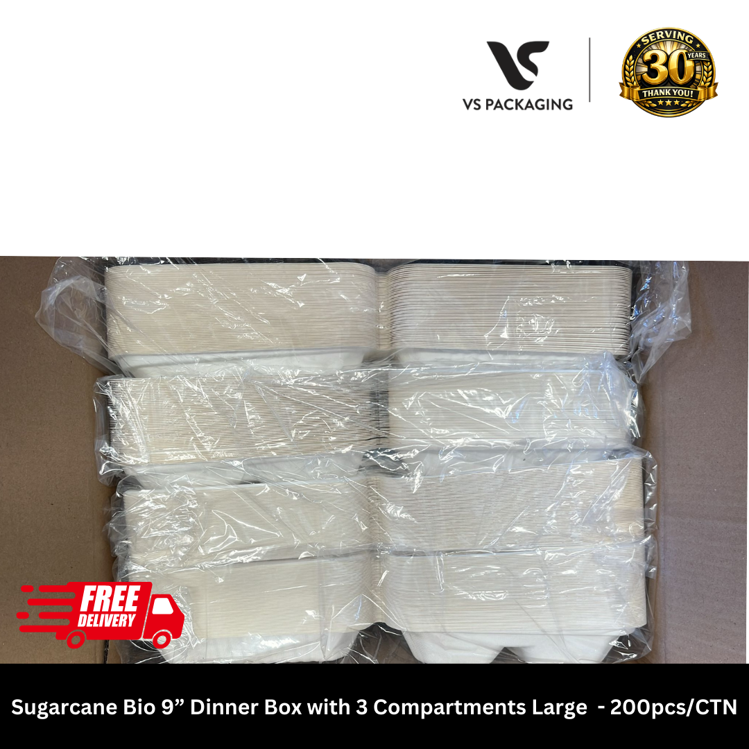 Sugarcane Bio 9” Dinner Box with 3 Compartments Large PFAS Free - 200pcs/CTN VS Packaging