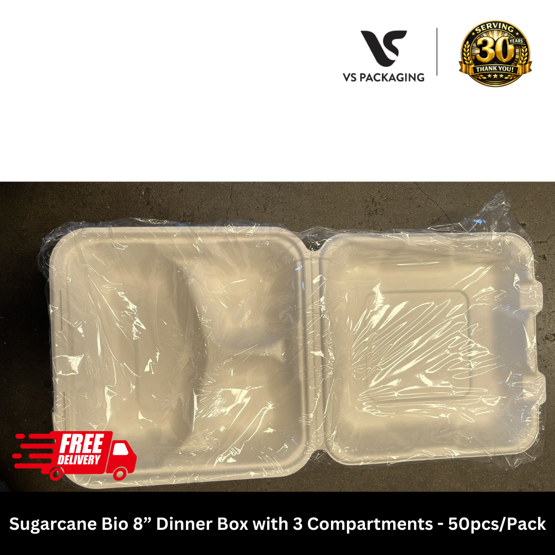 Sugarcane Bio 8” Dinner Box with 3 Compartments Small PFAS Free - 200pcs/CTN VS Packaging