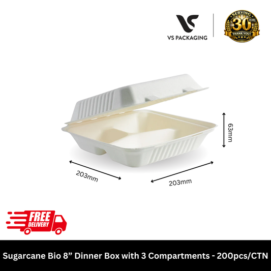 3-Compartment 8 inch sugarcane bio dinner box PFAS-free for meal prep and takeaway 200pcs - VS Packaging Australia.