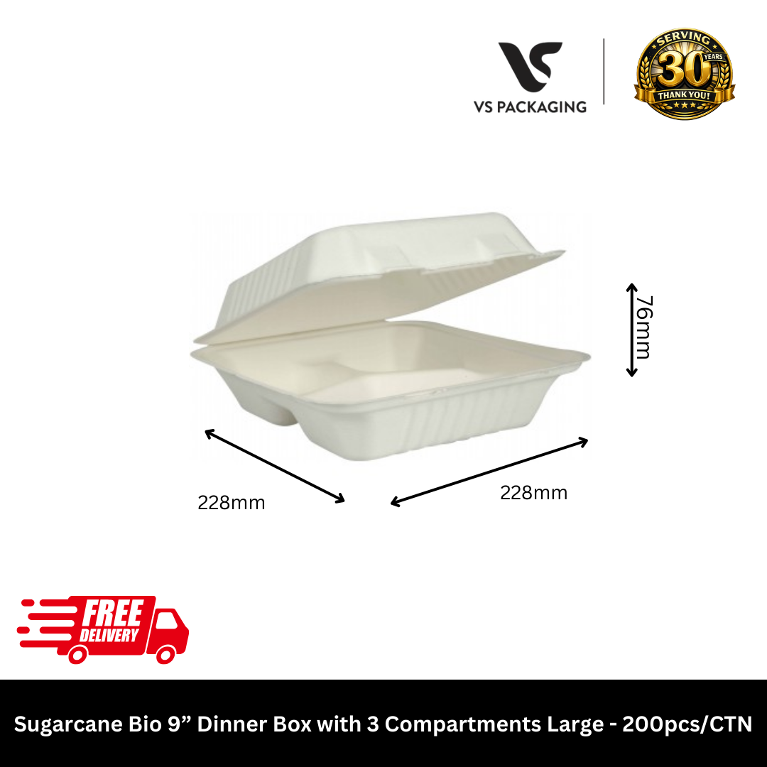 Large 3-Compartment 9 inch sugarcane bio dinner box PFAS-free for combo meals and catering 200pcs - VS Packaging Australia.