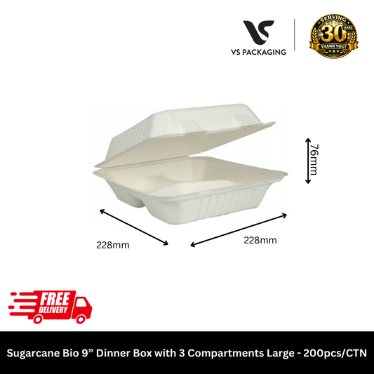 Large 3-Compartment 9 inch sugarcane bio dinner box PFAS-free for combo meals and catering 200pcs - VS Packaging Australia.