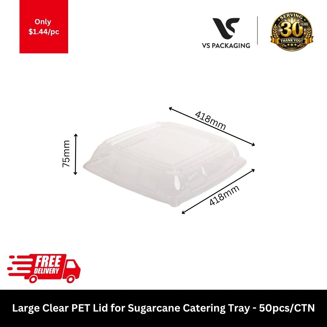 Large clear PET lid for sugarcane catering tray 418x418x75mm catering platter cover for takeaway and food service