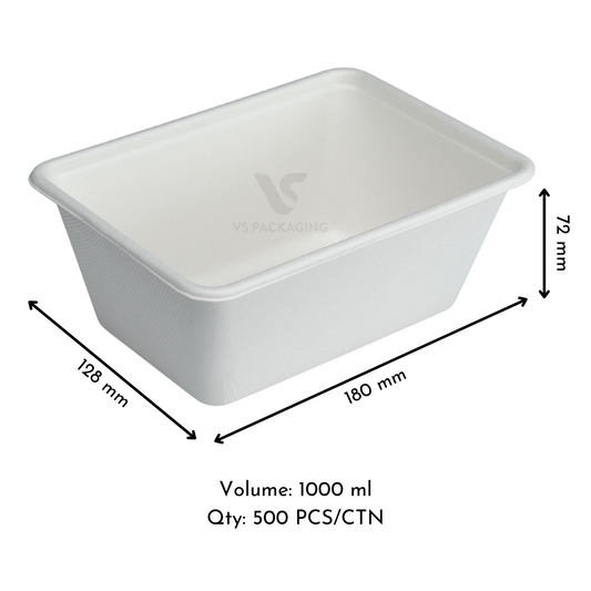 Sugarcane Rectangular Takeaway Container – 1000ml | Compostable | 500pcs VS Packaging