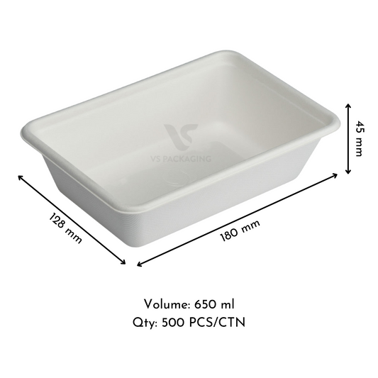 Sugarcane Rectangular Takeaway Container 650ml – Compostable – VS Packaging