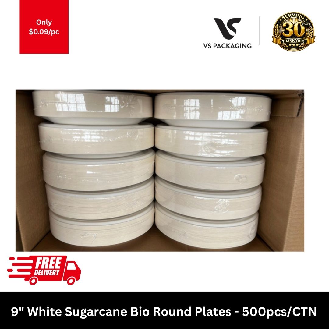 Sugarcane 9" Round Plate PFAS Free - 500pcs/CTN VS Packaging