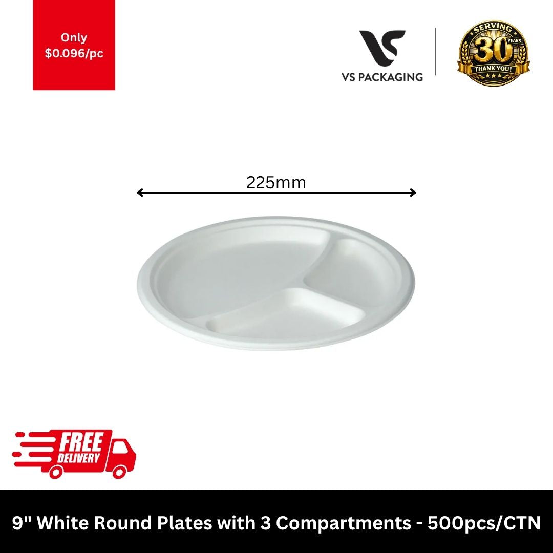 White sugarcane 9 inch 3 compartment plates compostable eco friendly disposable plates bulk 500pcs