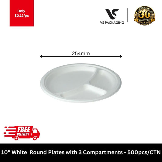 White sugarcane 10 inch 3 compartment compostable plates eco friendly disposable plates 500pcs
