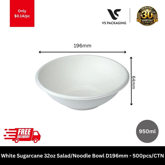 White sugarcane 32oz salad noodle bowl 196mm 950ml compostable takeaway bowls eco friendly for cafes restaurants Australia