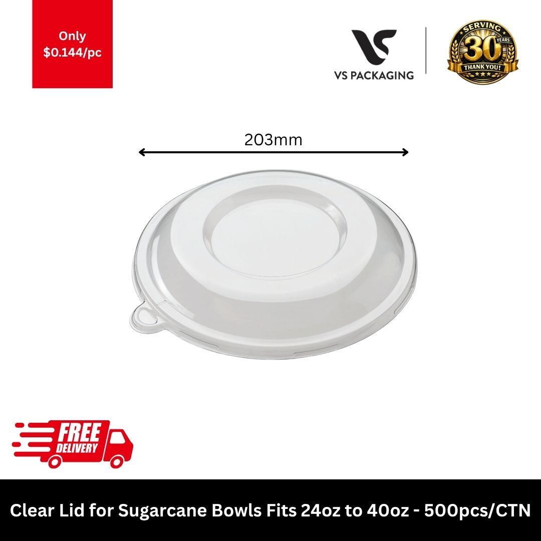 Clear PET lids for sugarcane bowls 24oz 32oz 40oz 203mm takeaway bowl lids for cafes restaurants Australia