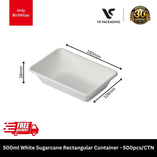 500ml White Sugarcane Rectangular Container - 500pcs/CTN