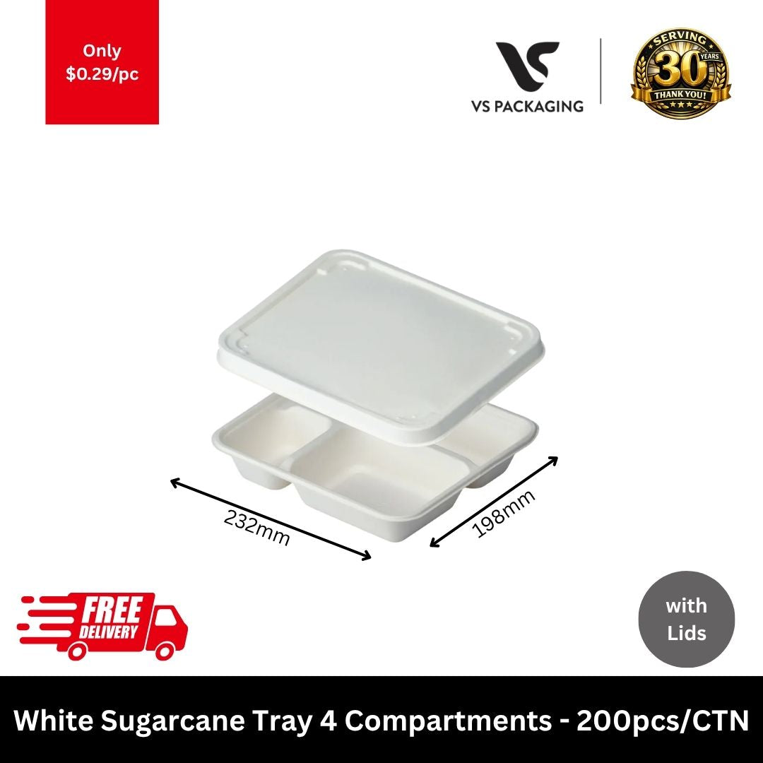 sugarcane 4 compartment tray with lids compostable meal container takeaway eco friendly Australia