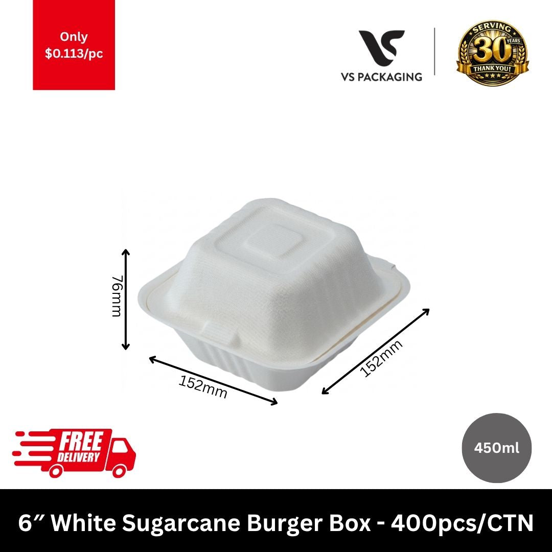 Sugarcane 6″ Burger Box 450ml BFAS Free – 400pcs/CTN VS Packaging