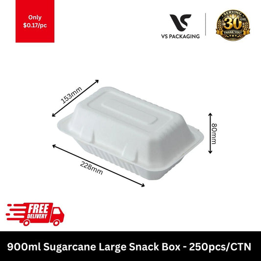 Extra large 900ml white sugarcane bio snack box clamshell for loaded fries and donuts 250pcs - VS Packaging Australia.