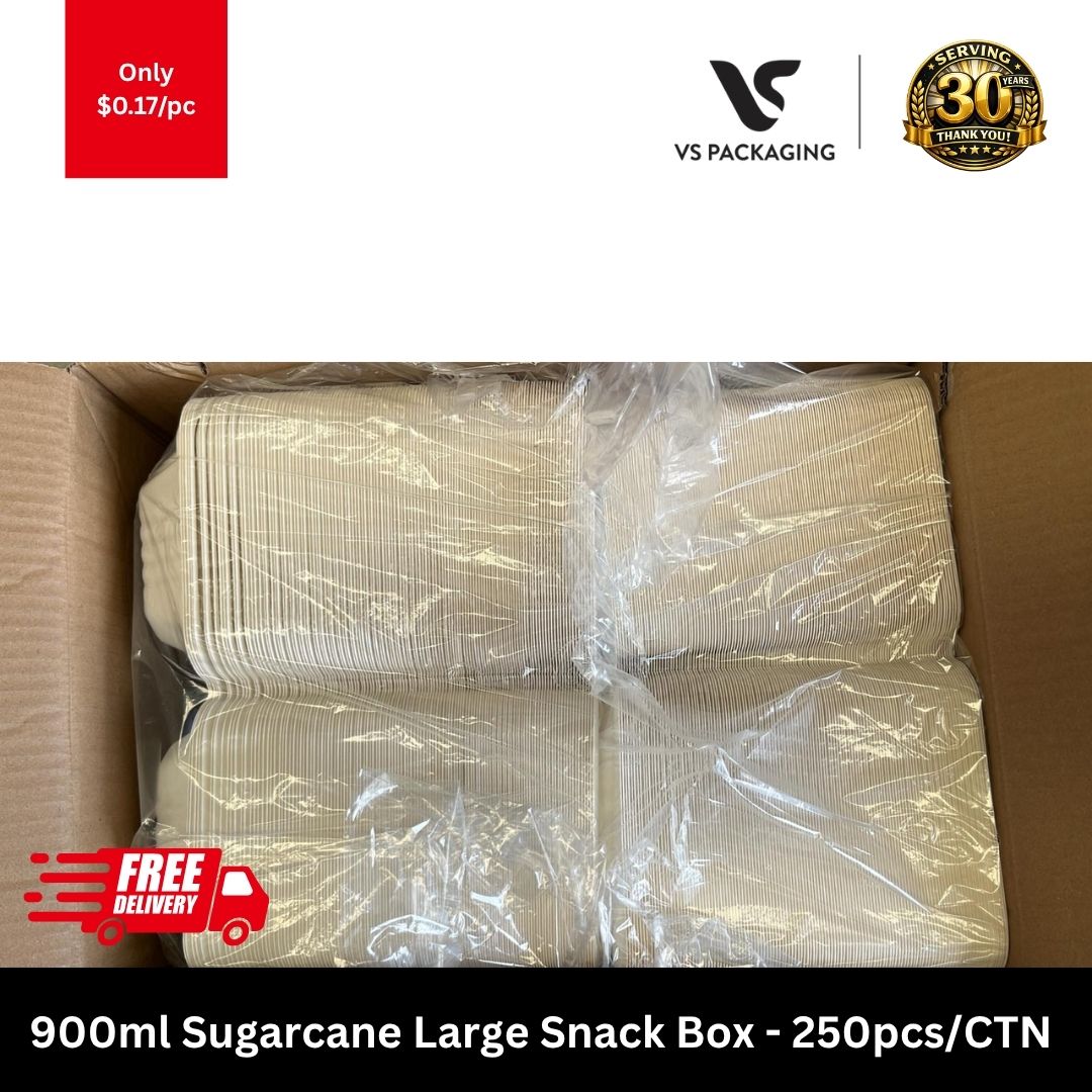 Extra large 900ml white sugarcane bio snack box clamshell for loaded fries and donuts 250pcs - VS Packaging Australia.